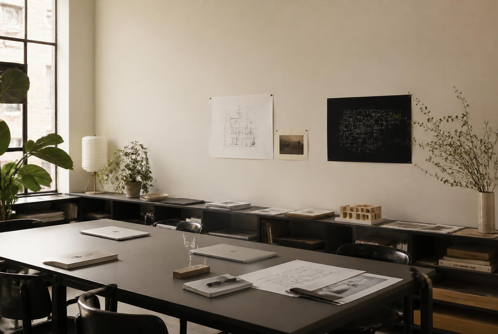 A quiet minimal studio workspace with a long graphite table, closed laptops and printed system architecture diagrams
