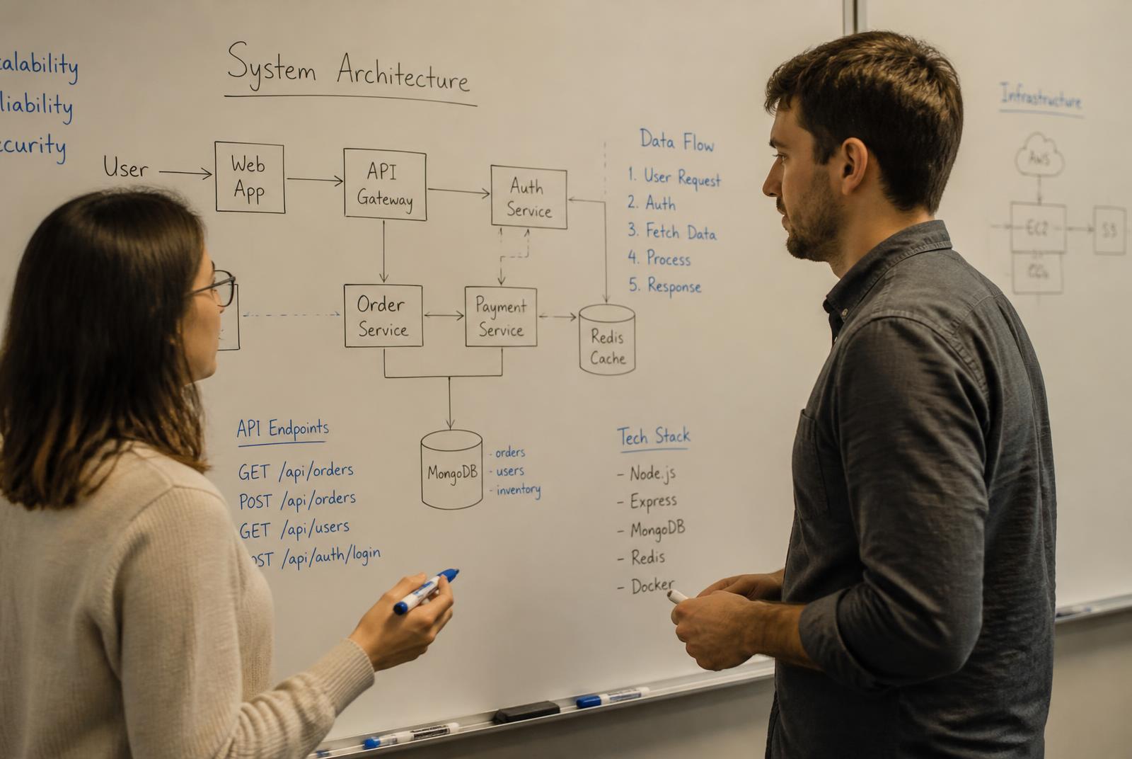 Two engineers reviewing a hand-drawn system architecture diagram on a whiteboard