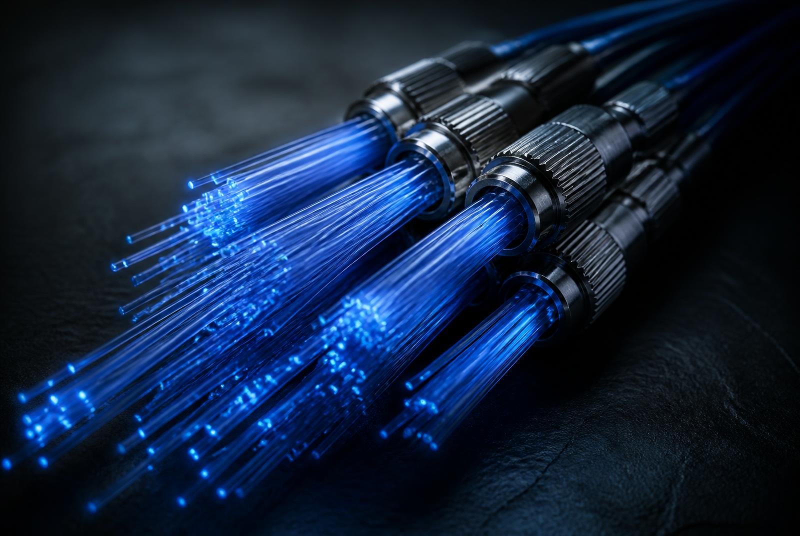 Macro photograph of fibre optic cable bundles glowing blue inside brushed metal connectors