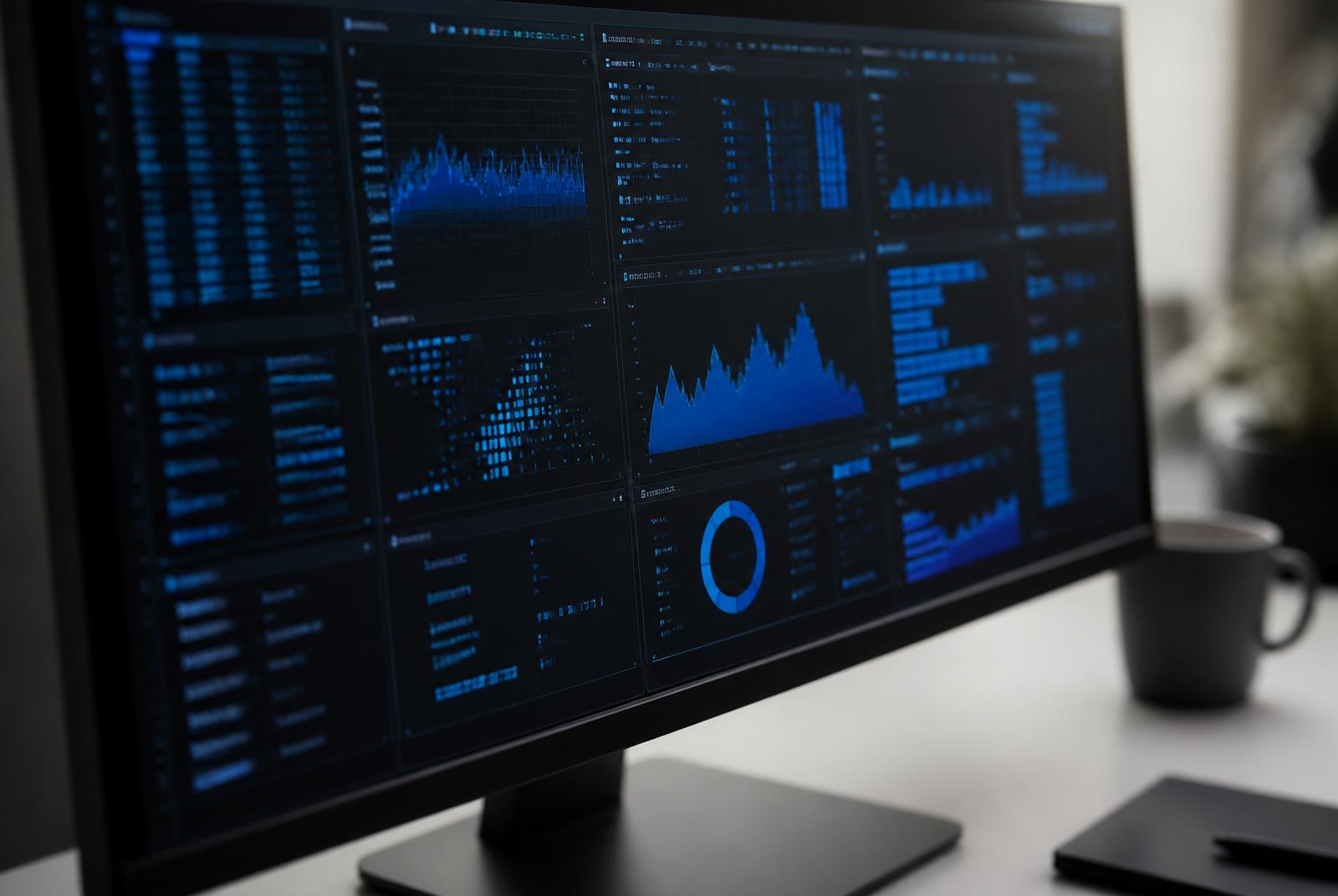 A widescreen monitor displaying an analytics dashboard with abstract charts in cobalt blue