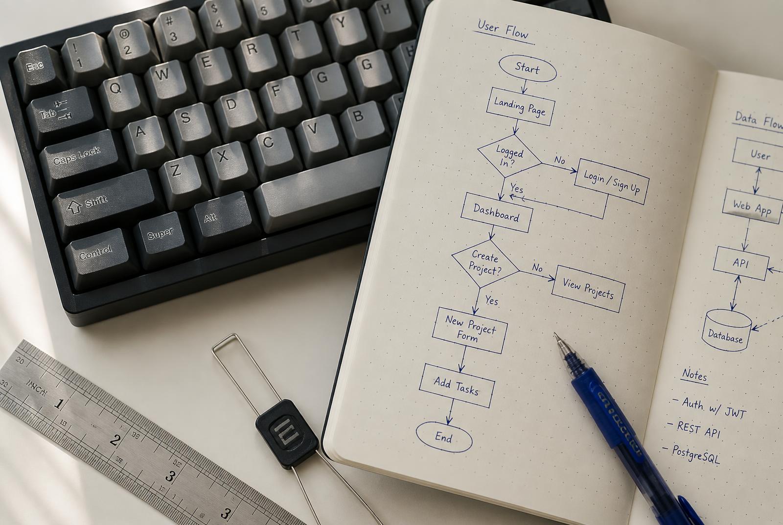 Overhead view of a mechanical keyboard beside a notebook with hand-drawn user flow and data flow diagrams
